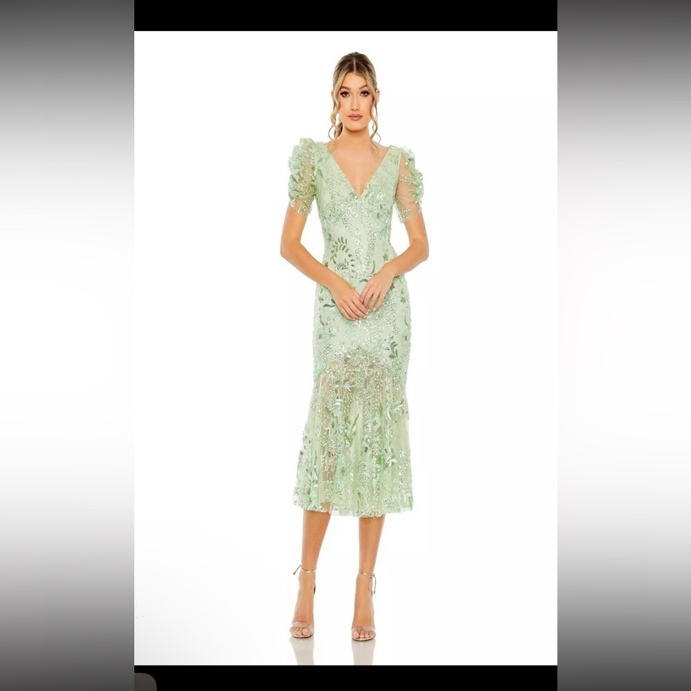 Mac Duggal Size 8 Mint Green 68266 Puff Sleeve V-Neck Embellished Midi Dress New
